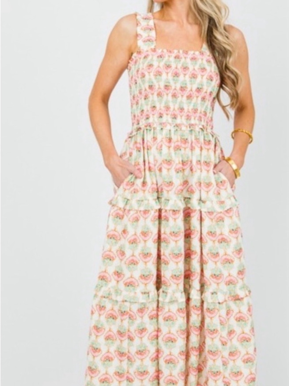 entro Pink and Green Floral Smocked Midi Dress
